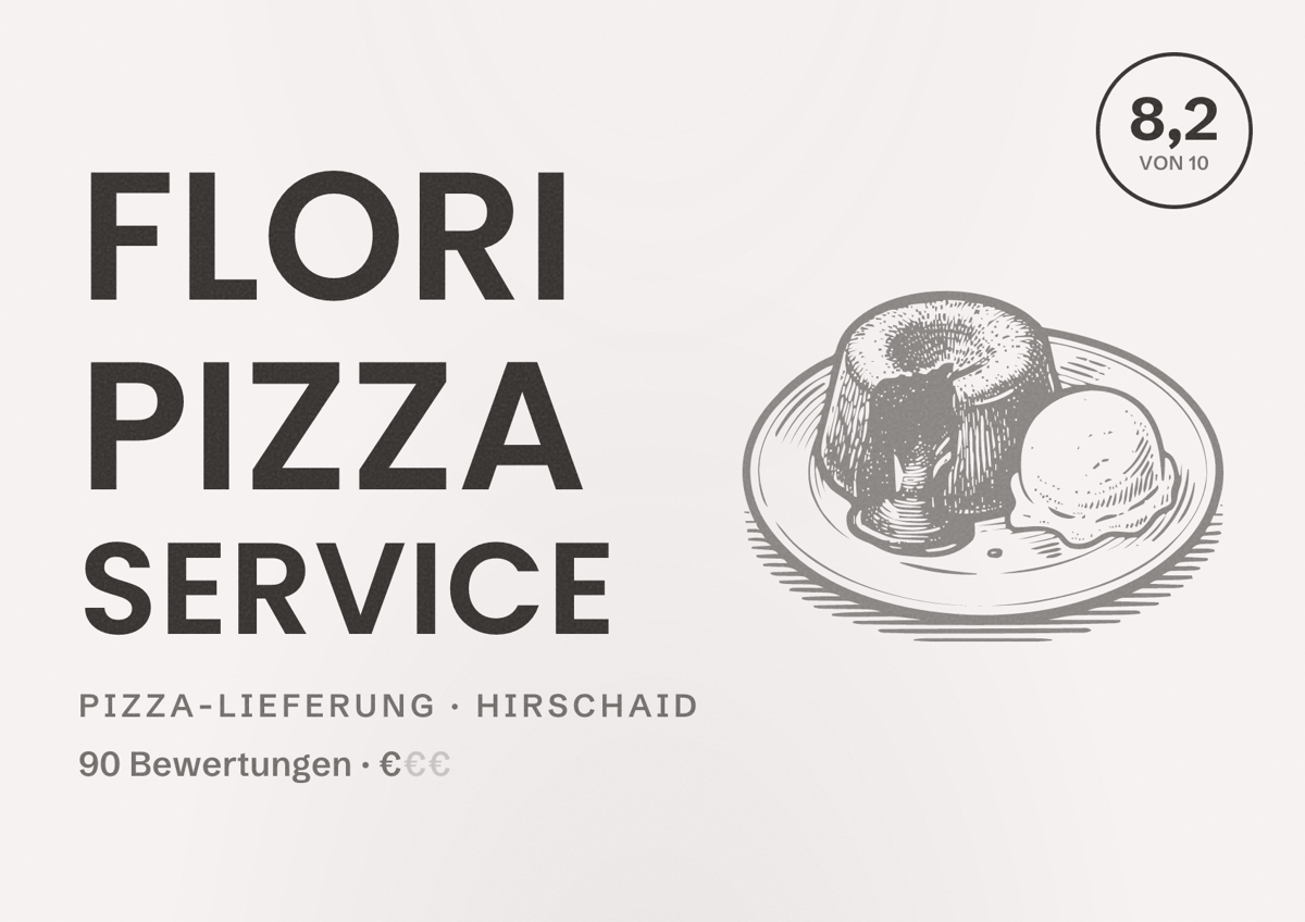 Illustriertes Poster von Flori Pizza Service, Pizza-Lieferung in Hirschaid: Bewertung 8,2 von 10 aus 90 Bewertungen, Preisniveau €