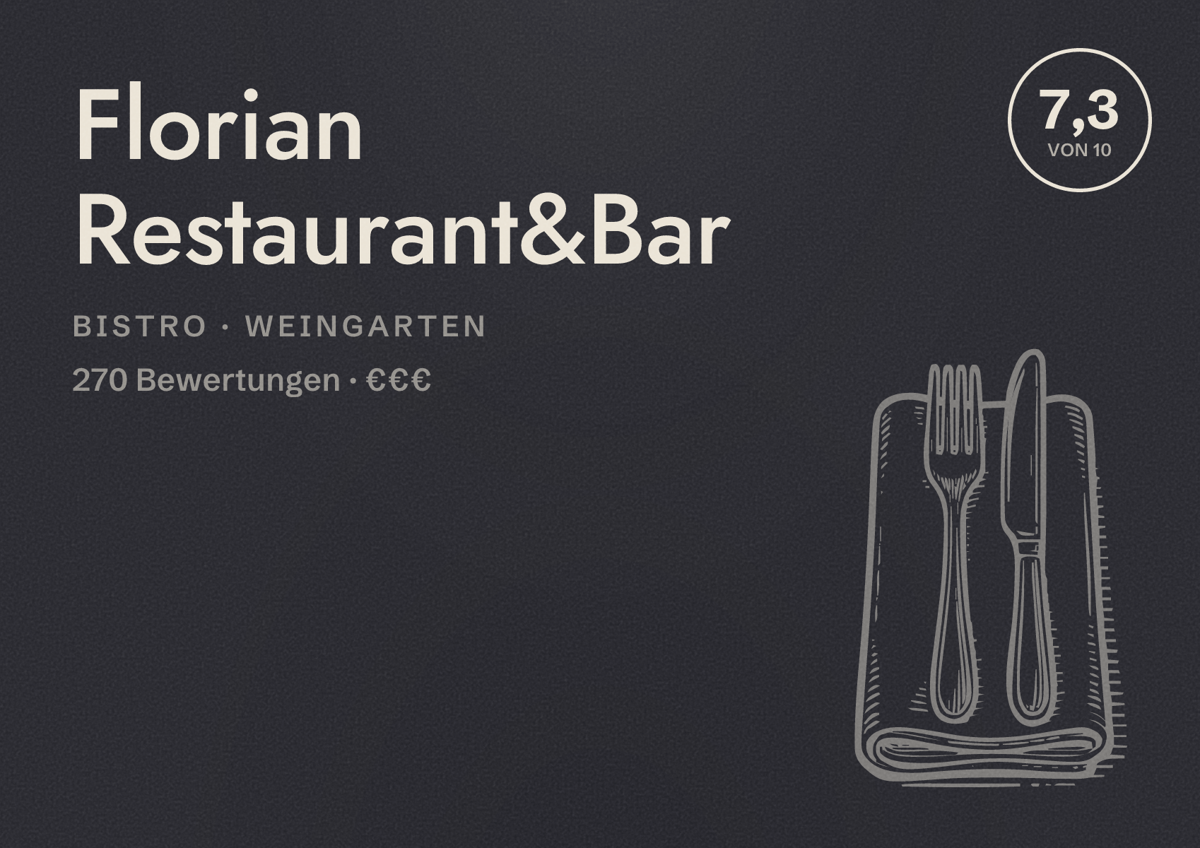 Illustriertes Poster von Florian Restaurant&Bar, Bistro in Weingarten: Bewertung 7,3 von 10 aus 270 Bewertungen, Preisniveau €€€