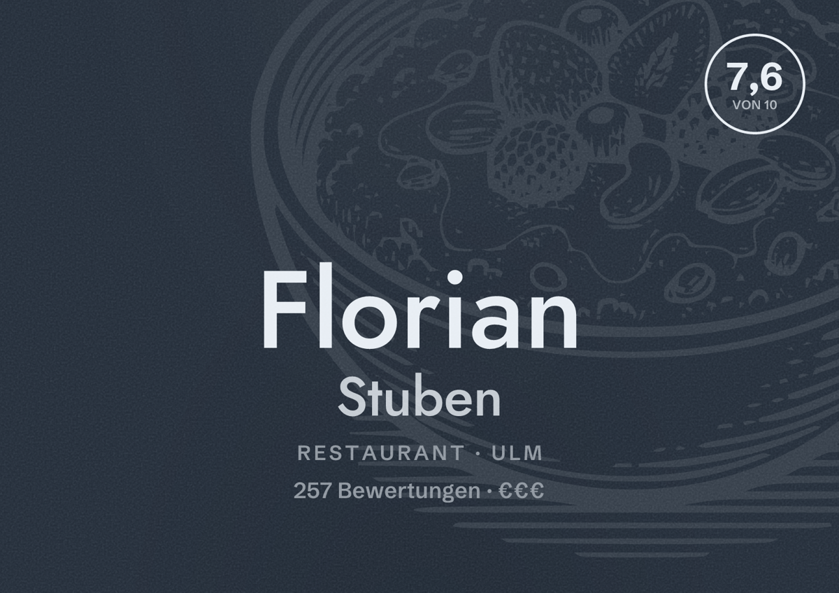 Illustriertes Poster von Florian Stuben, Restaurant in Ulm: Bewertung 7,6 von 10 aus 257 Bewertungen, Preisniveau €€€