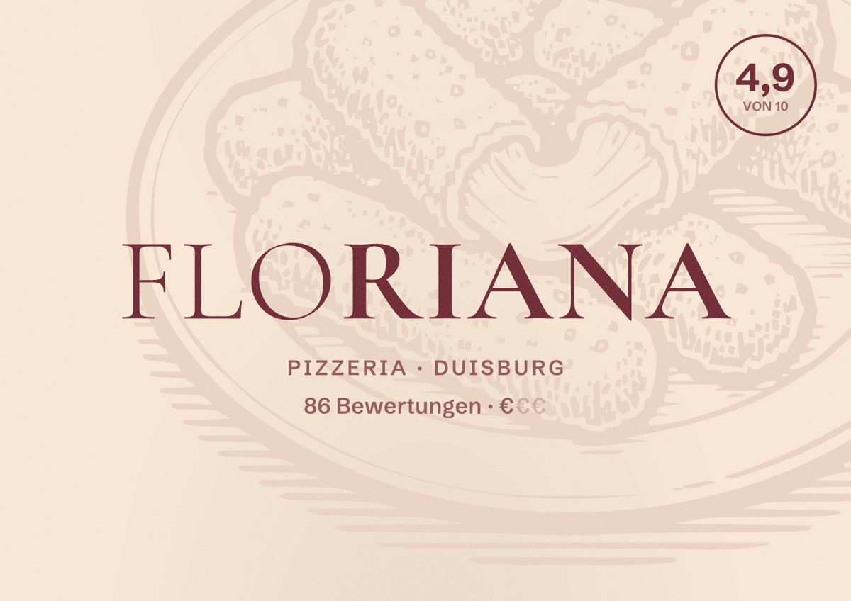 Illustriertes Poster von Floriana, Pizzeria in Duisburg: Bewertung 4,9 von 10 aus 86 Bewertungen, Preisniveau €