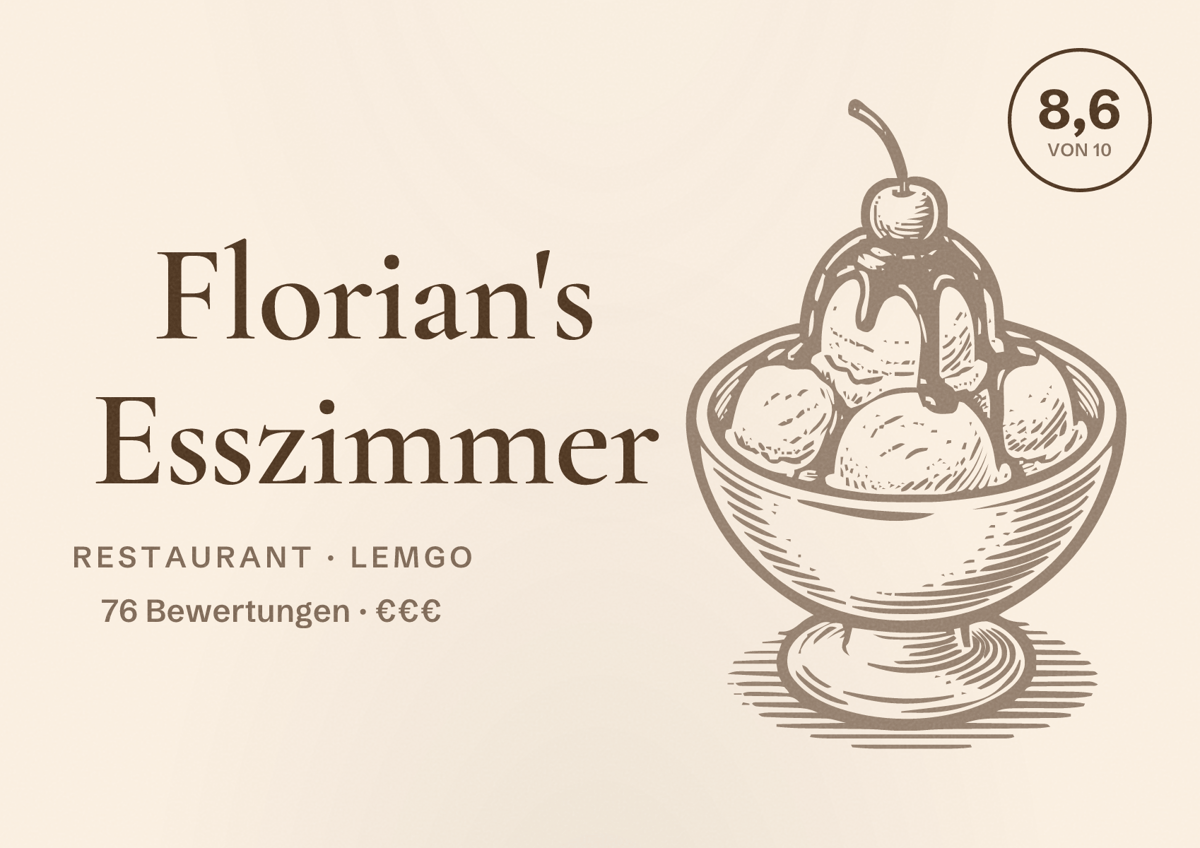 Illustriertes Poster von Florian's Esszimmer, Restaurant in Lemgo: Bewertung 8,6 von 10 aus 76 Bewertungen, Preisniveau €€€