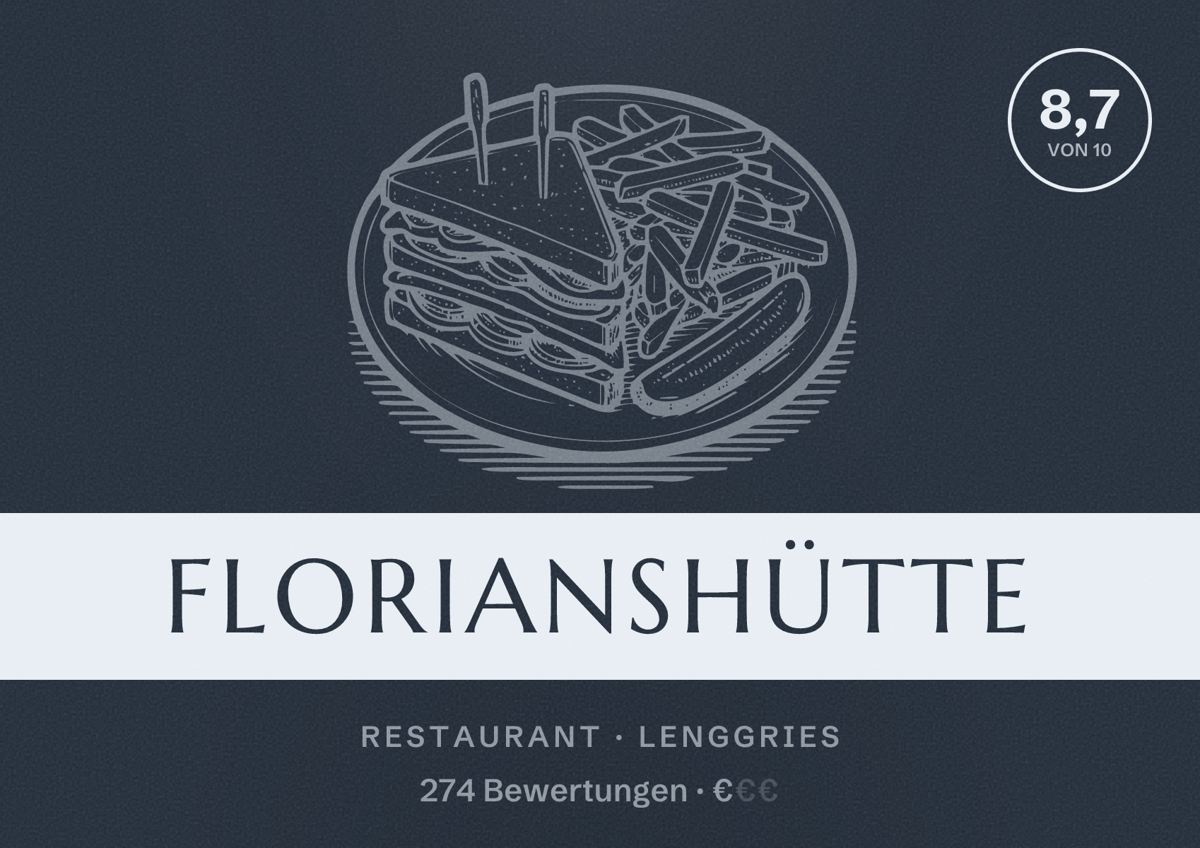 Illustriertes Poster von Florianshütte, Restaurant in Lenggries: Bewertung 8,7 von 10 aus 274 Bewertungen, Preisniveau €