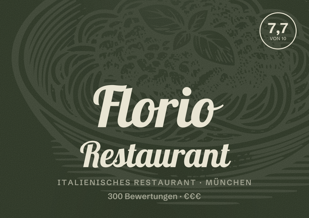 Illustriertes Poster von Florio Restaurant, Italienisches Restaurant in München: Bewertung 7,7 von 10 aus 300 Bewertungen, Preisniveau €€€