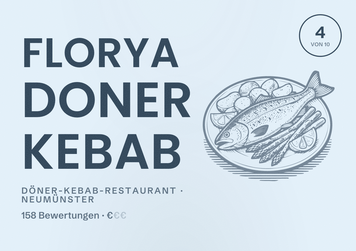 Illustriertes Poster von Florya doner kebab, Döner-Kebab-Restaurant in Neumünster: Bewertung 4 von 10 aus 158 Bewertungen, Preisniveau €