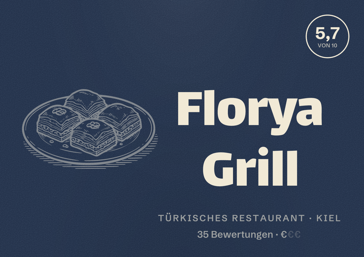 Illustriertes Poster von Florya Grill, Türkisches Restaurant in Kiel: Bewertung 5,7 von 10 aus 35 Bewertungen, Preisniveau €