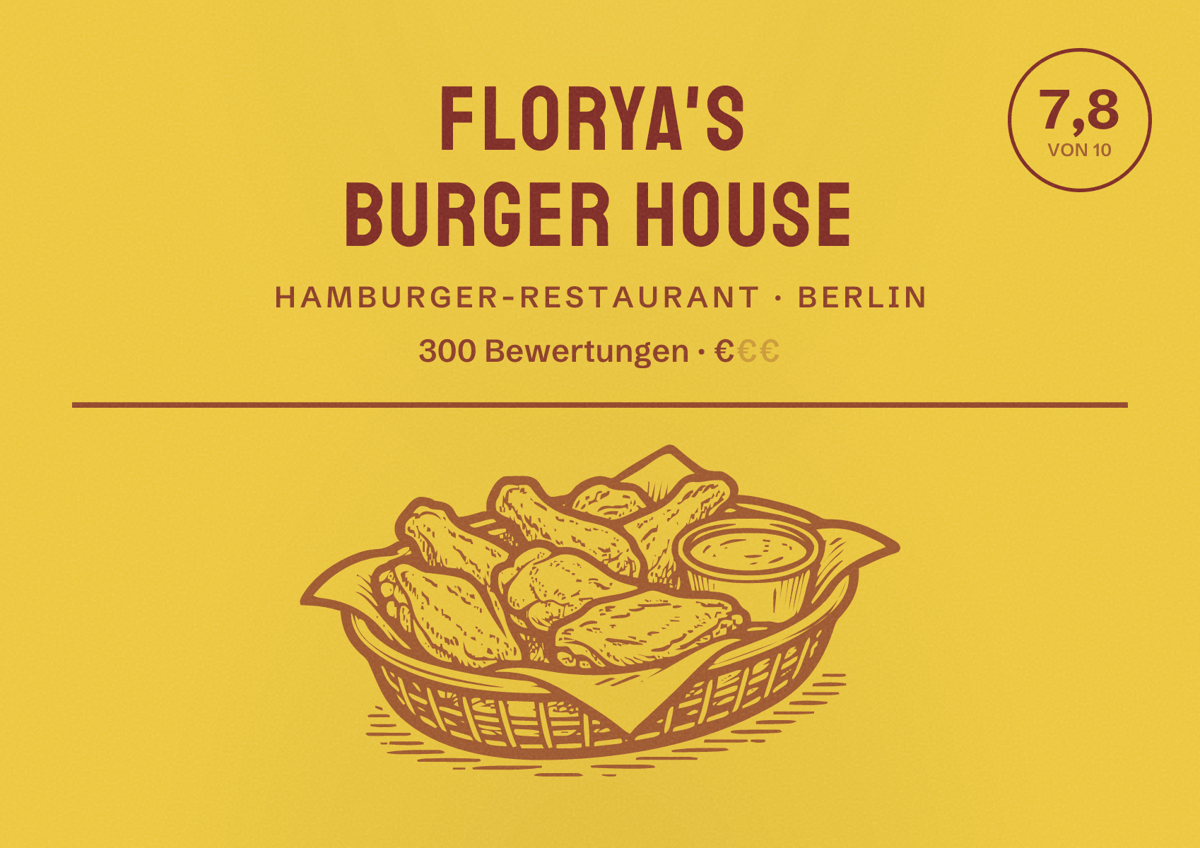 Illustriertes Poster von Florya's Burger House, Hamburger-Restaurant in Berlin: Bewertung 7,8 von 10 aus 300 Bewertungen, Preisniveau €