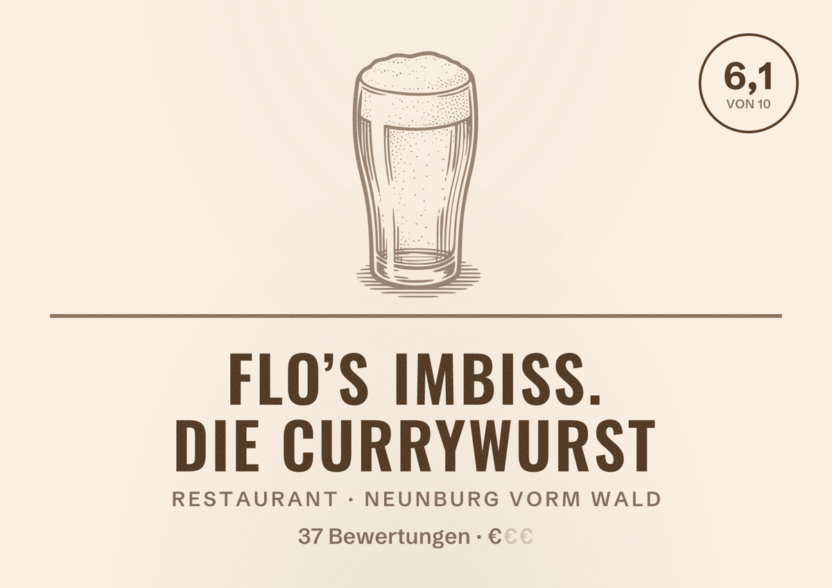Illustriertes Poster von FLO’s IMBISS. Die Currywurst, Restaurant in Neunburg vorm Wald: Bewertung 6,1 von 10 aus 37 Bewertungen, Preisniveau €