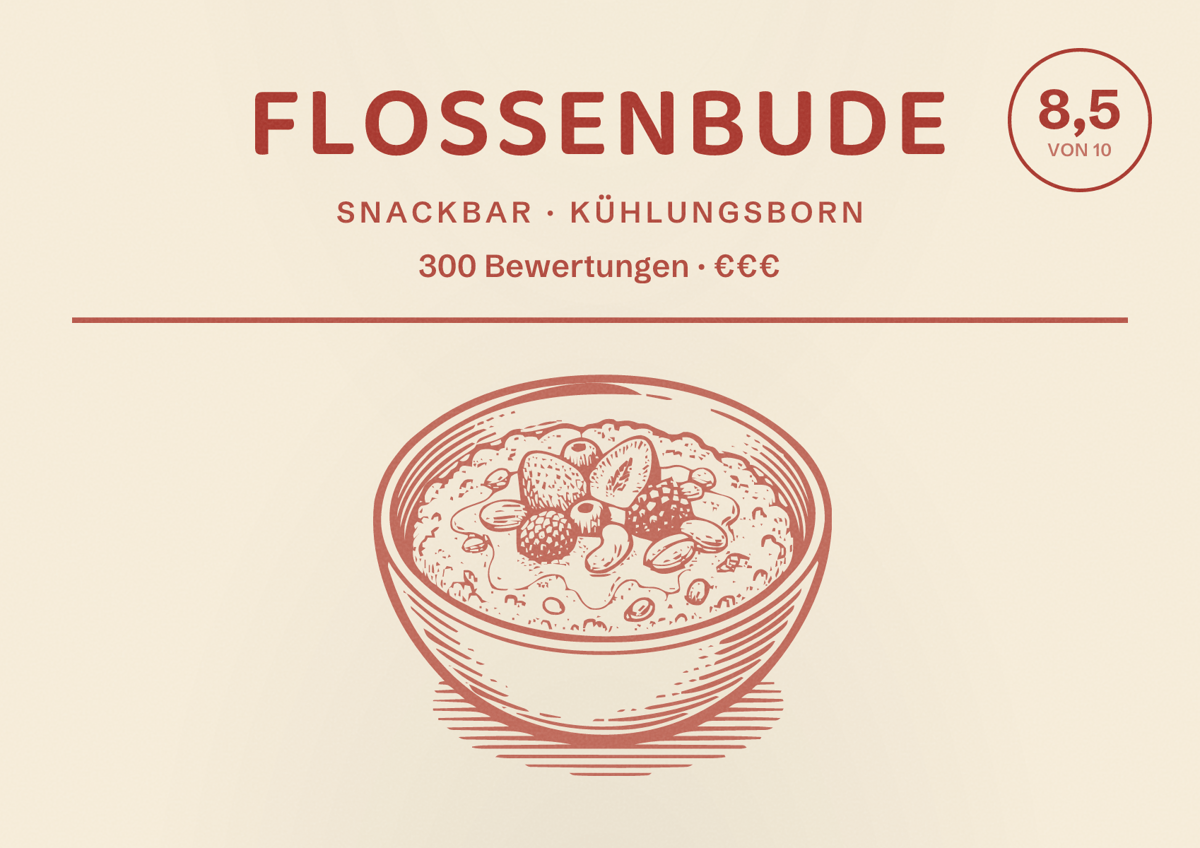 Illustriertes Poster von Flossenbude, Snackbar in Kühlungsborn: Bewertung 8,5 von 10 aus 300 Bewertungen, Preisniveau €€€