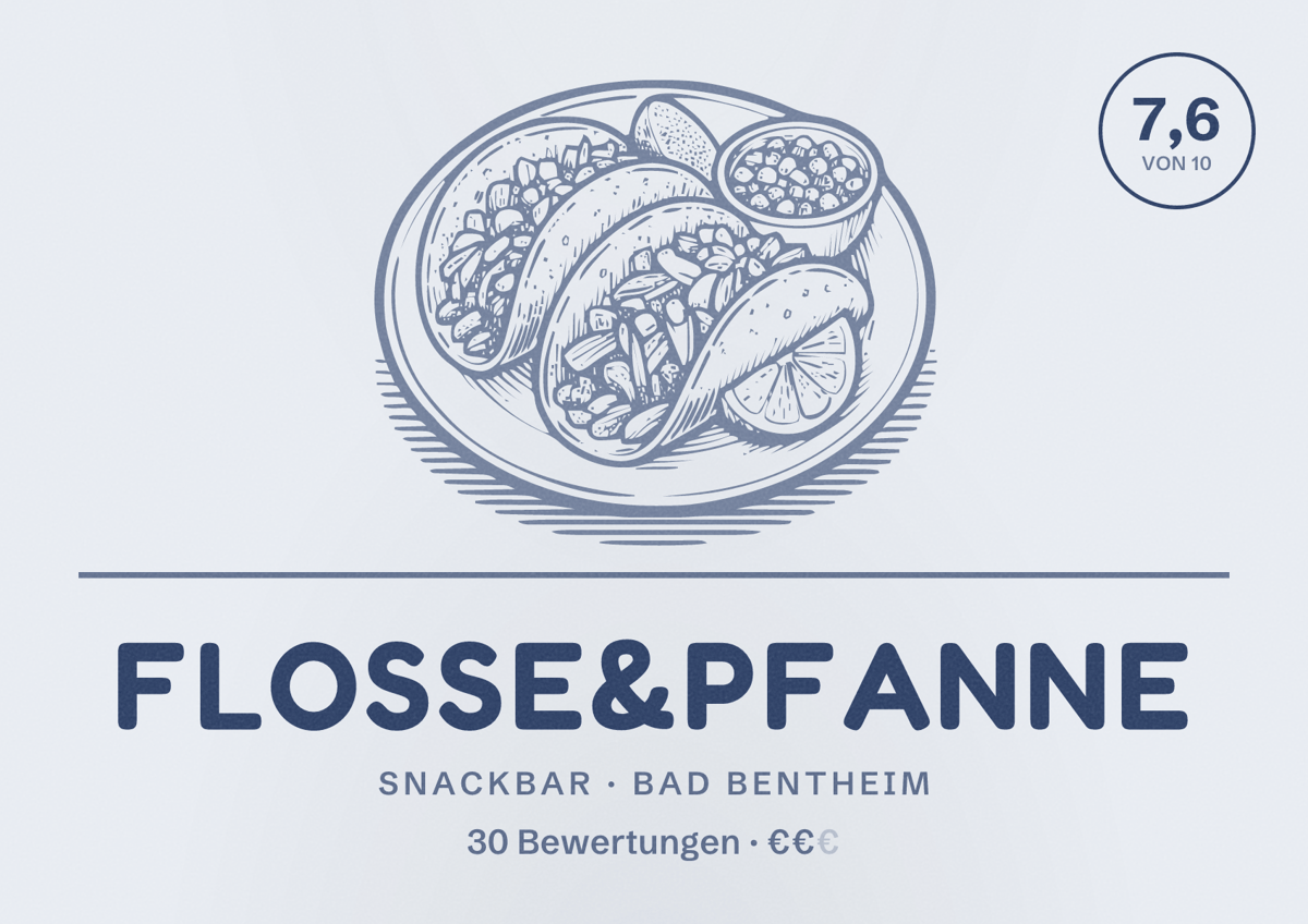 Illustriertes Poster von Flosse&Pfanne, Snackbar in Bad Bentheim: Bewertung 7,6 von 10 aus 30 Bewertungen, Preisniveau €€
