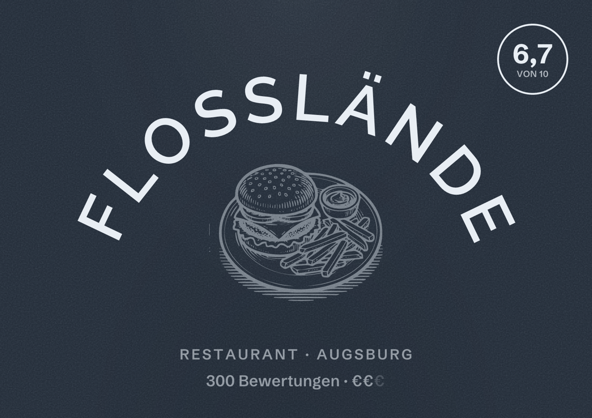 Illustriertes Poster von Floßlände, Restaurant in Augsburg: Bewertung 6,7 von 10 aus 300 Bewertungen, Preisniveau €€