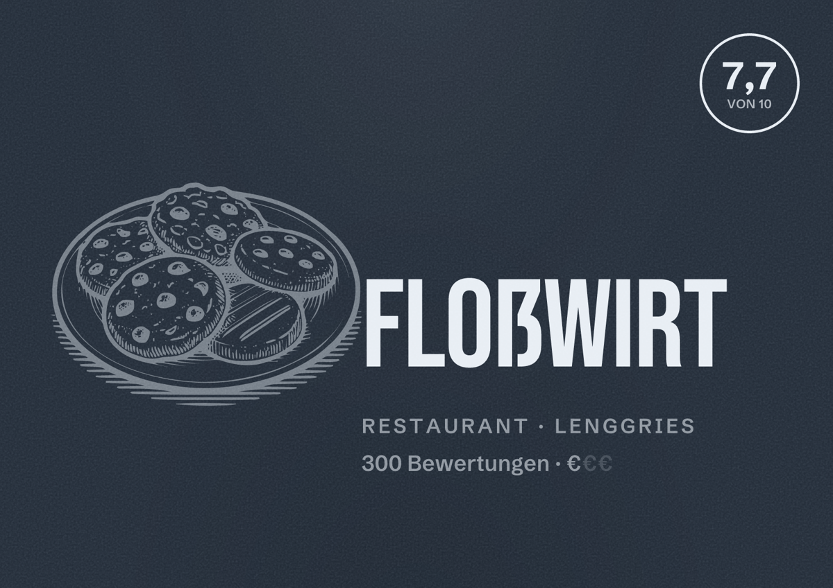 Illustriertes Poster von Floßwirt, Restaurant in Lenggries: Bewertung 7,7 von 10 aus 300 Bewertungen, Preisniveau €