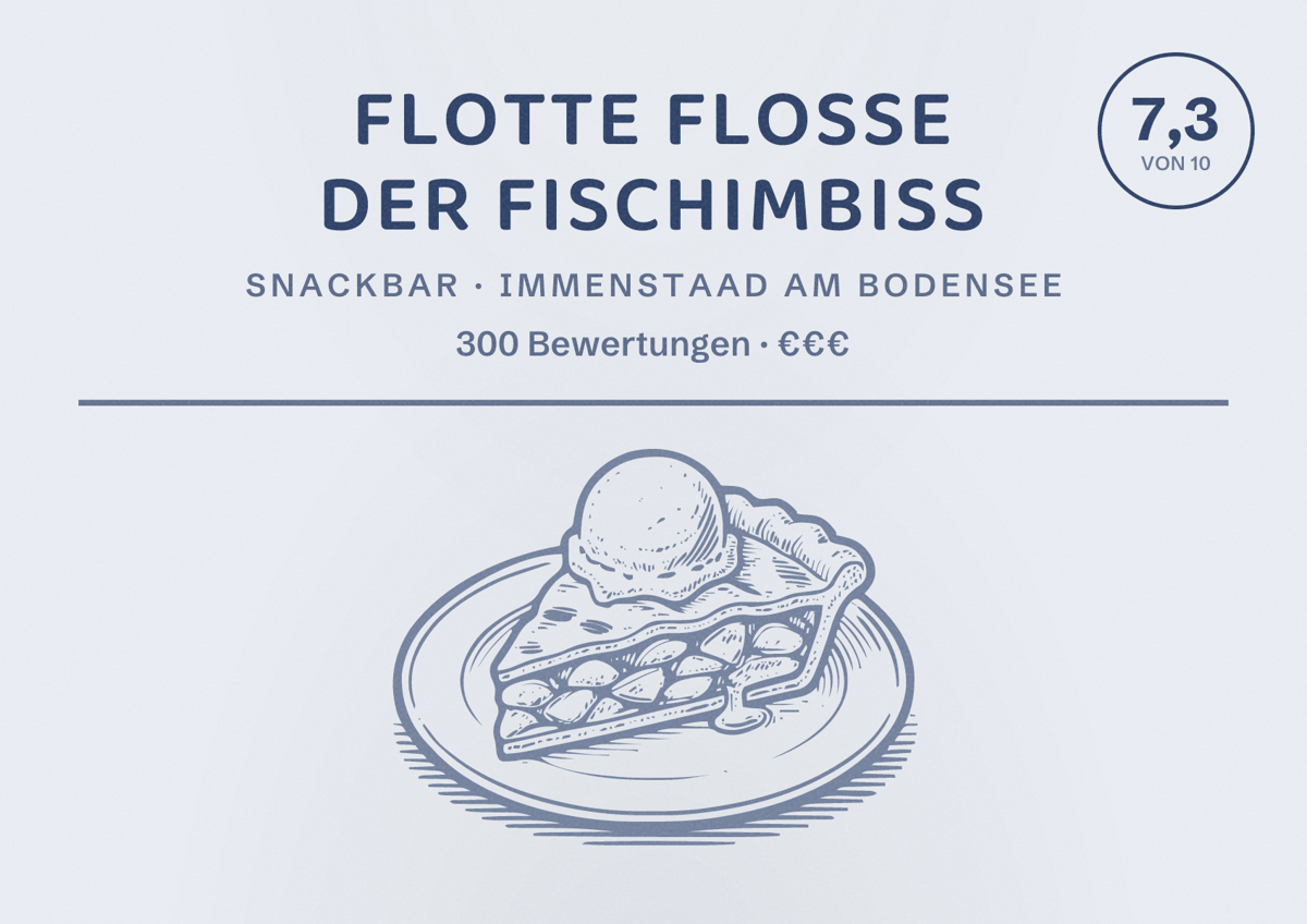 Illustriertes Poster von Flotte Flosse der Fischimbiss, Snackbar in Immenstaad am Bodensee: Bewertung 7,3 von 10 aus 300 Bewertungen, Preisniveau €€€