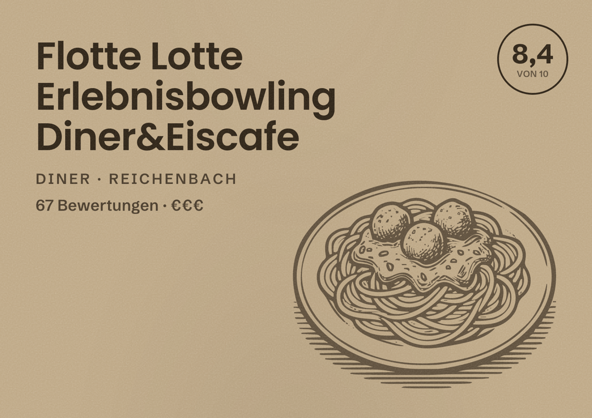 Illustriertes Poster von Flotte Lotte Erlebnisbowling Diner&Eiscafe, Diner in Reichenbach: Bewertung 8,4 von 10 aus 67 Bewertungen, Preisniveau €€€