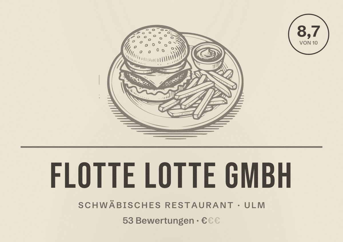 Illustriertes Poster von Flotte Lotte GmbH, Schwäbisches Restaurant in Ulm: Bewertung 8,7 von 10 aus 53 Bewertungen, Preisniveau €