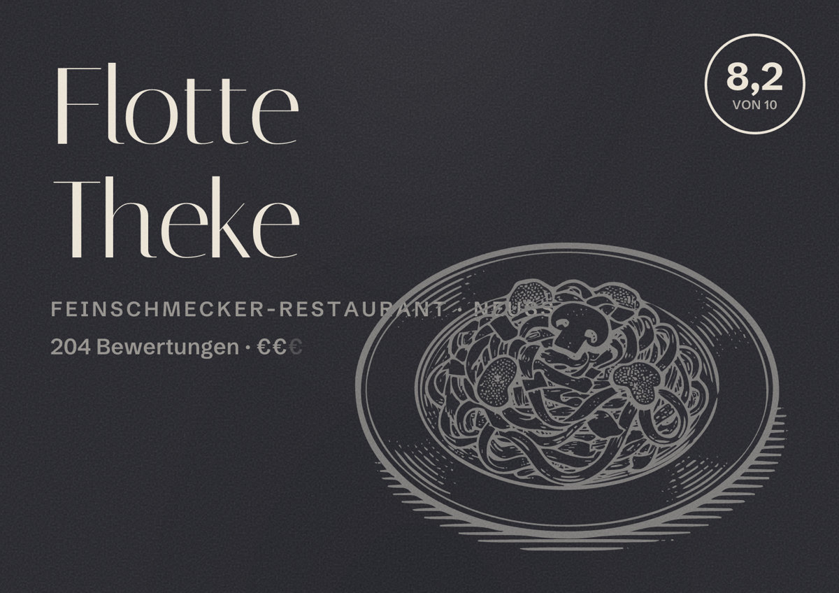 Illustriertes Poster von Flotte Theke, Feinschmecker-Restaurant in Neuss: Bewertung 8,2 von 10 aus 204 Bewertungen, Preisniveau €€
