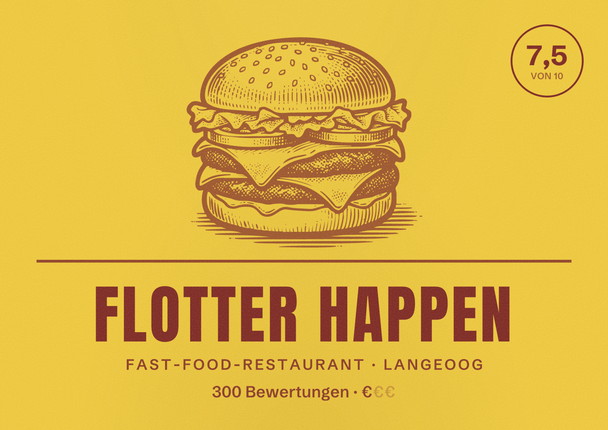 Illustriertes Poster von Flotter Happen, Fast-Food-Restaurant in Langeoog: Bewertung 7,5 von 10 aus 300 Bewertungen, Preisniveau €
