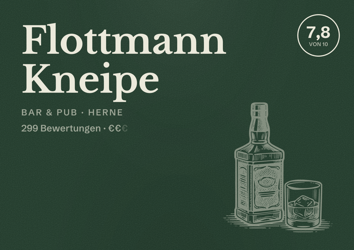 Illustriertes Poster von Flottmann Kneipe, Bar & Pub in Herne: Bewertung 7,8 von 10 aus 299 Bewertungen, Preisniveau €€