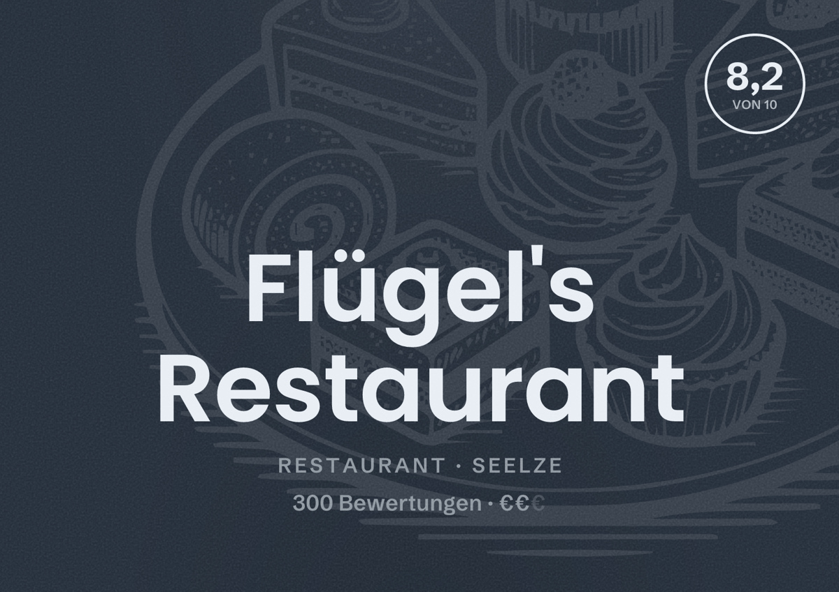 Illustriertes Poster von Flügel's Restaurant, Restaurant in Seelze: Bewertung 8,2 von 10 aus 300 Bewertungen, Preisniveau €€