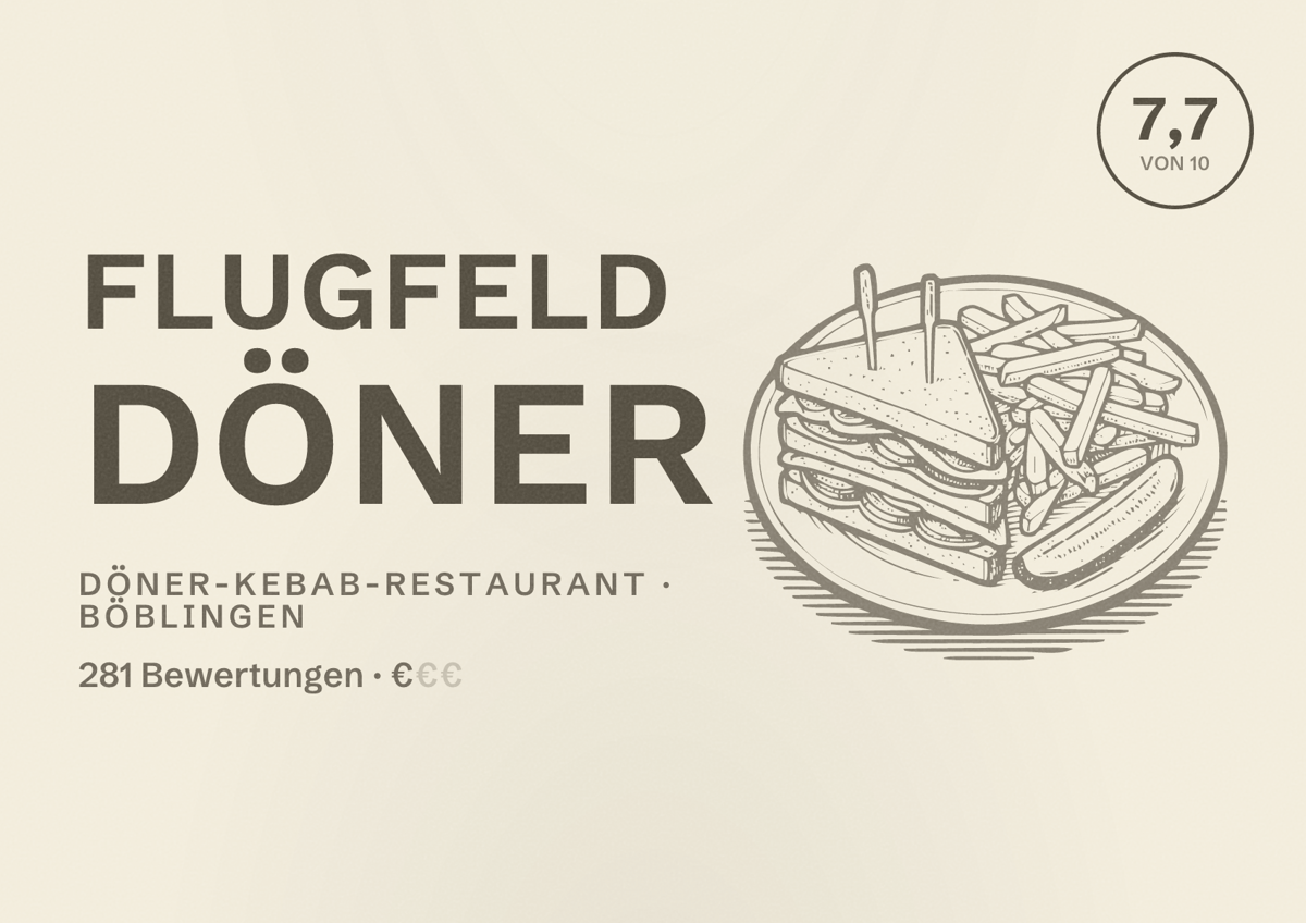 Illustriertes Poster von flugfeld DÖNER, Döner-Kebab-Restaurant in Böblingen: Bewertung 7,7 von 10 aus 281 Bewertungen, Preisniveau €