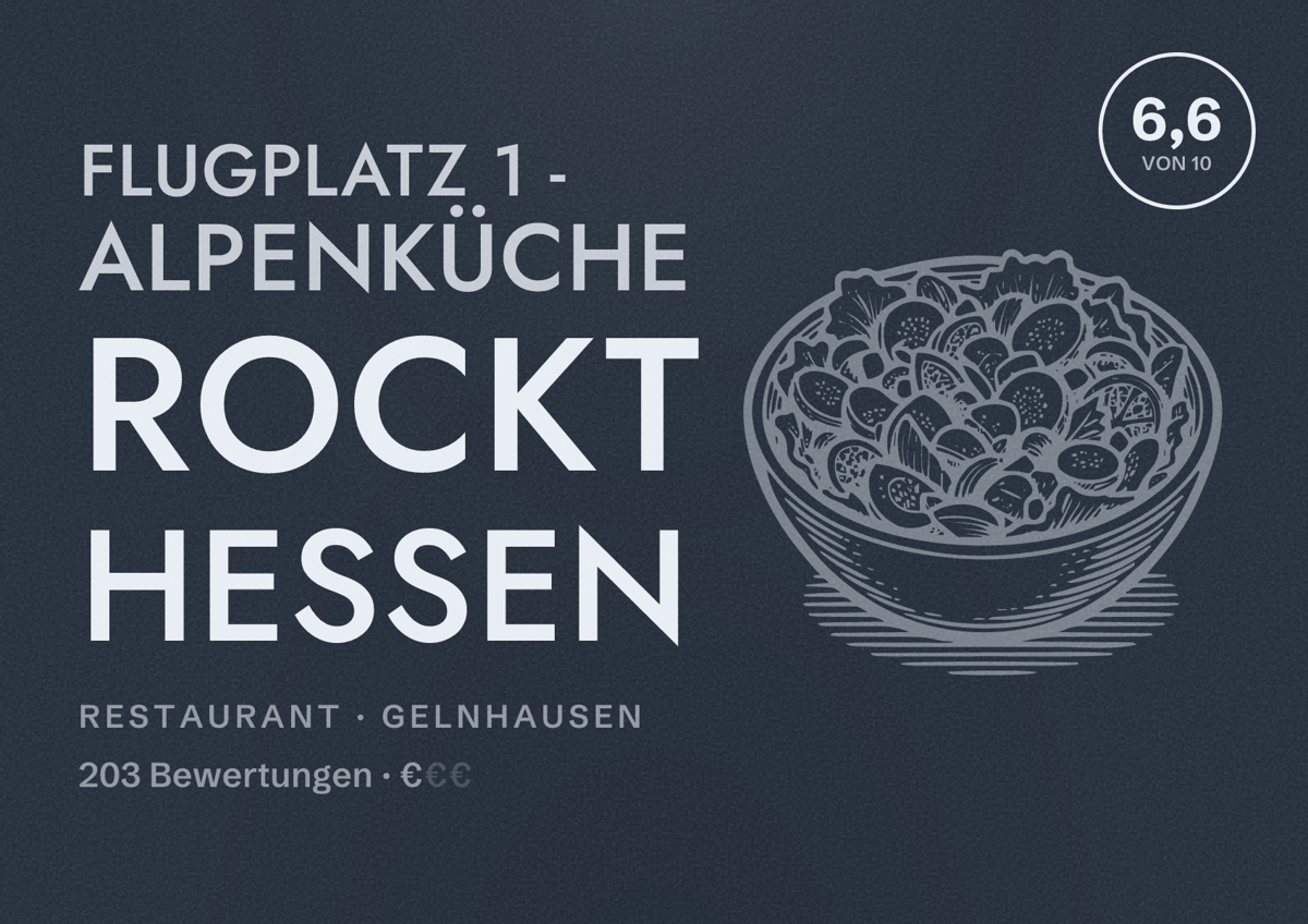 Illustriertes Poster von Flugplatz 1 - Alpenküche rockt Hessen, Restaurant in Gelnhausen: Bewertung 6,6 von 10 aus 203 Bewertungen, Preisniveau €