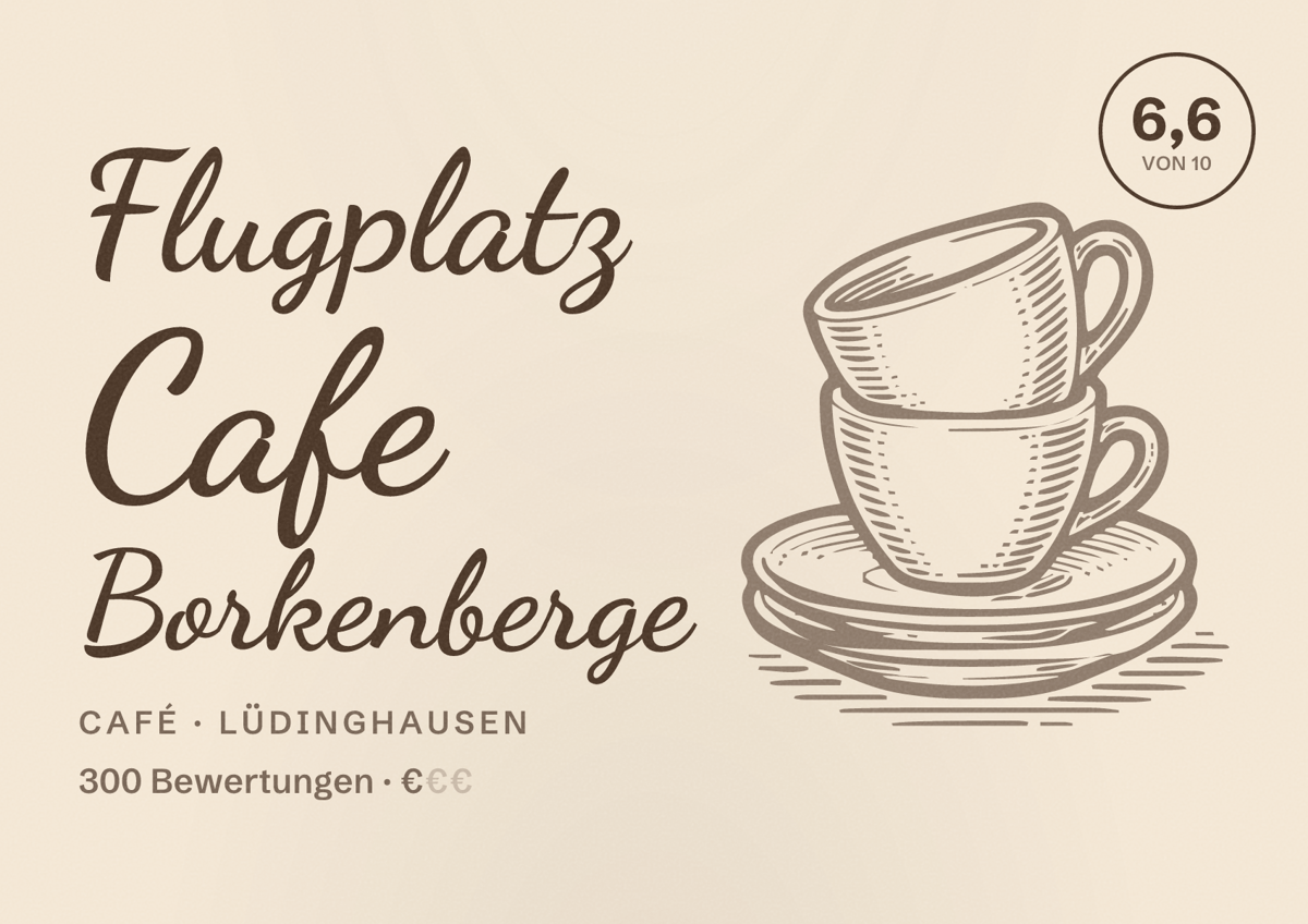 Illustriertes Poster von Flugplatz Cafe Borkenberge, Café in Lüdinghausen: Bewertung 6,6 von 10 aus 300 Bewertungen, Preisniveau €