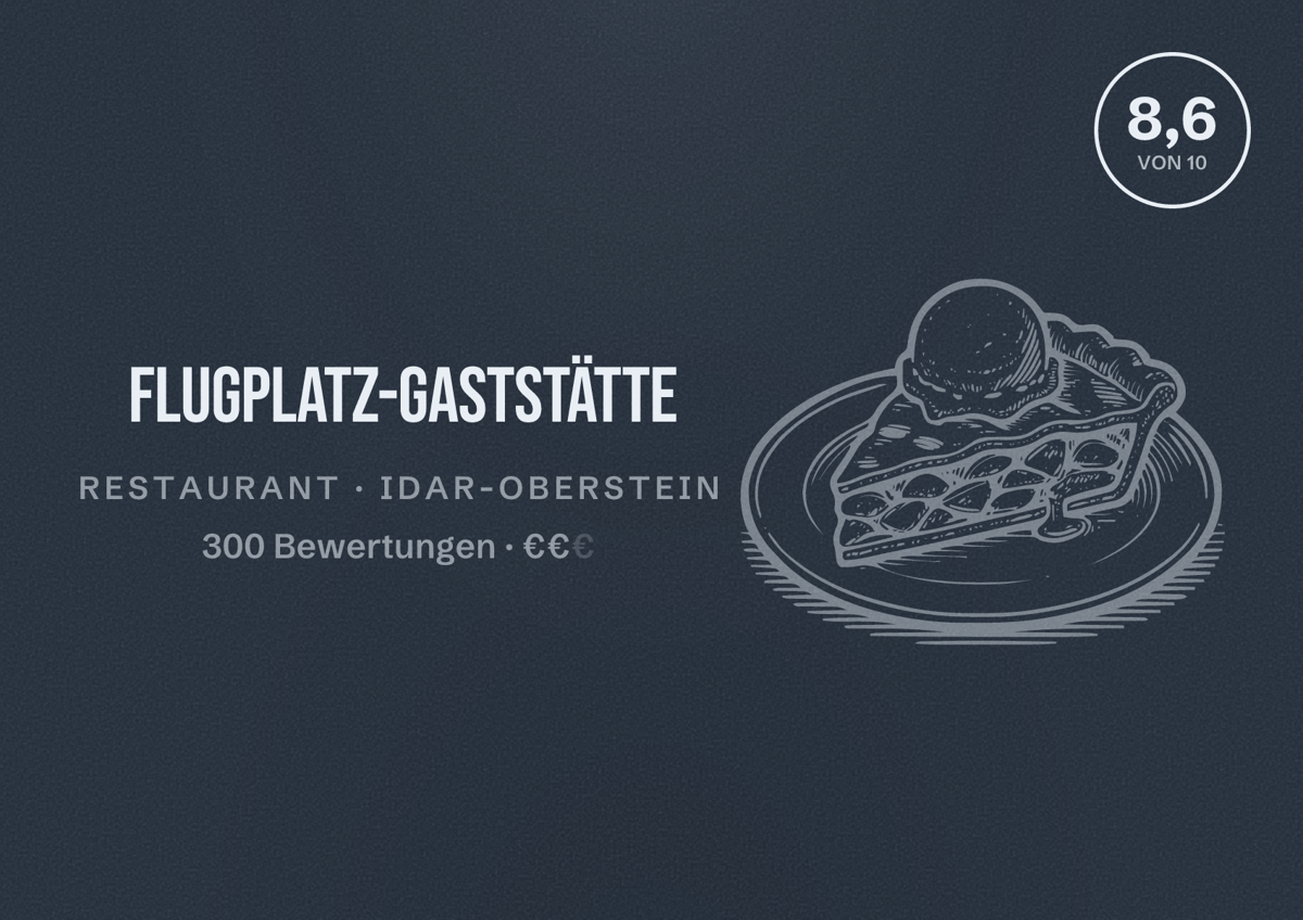 Illustriertes Poster von Flugplatz-Gaststätte, Restaurant in Idar-Oberstein: Bewertung 8,6 von 10 aus 300 Bewertungen, Preisniveau €€