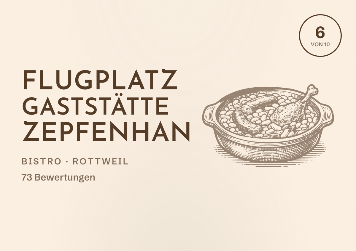 Illustriertes Poster von Flugplatz Gaststätte Zepfenhan, Bistro in Rottweil: Bewertung 6 von 10 aus 73 Bewertungen