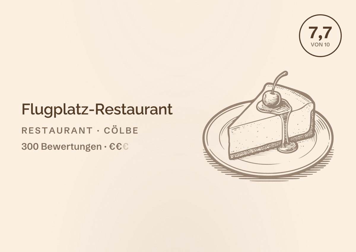 Illustriertes Poster von Flugplatz-Restaurant, Restaurant in Cölbe: Bewertung 7,7 von 10 aus 300 Bewertungen, Preisniveau €€