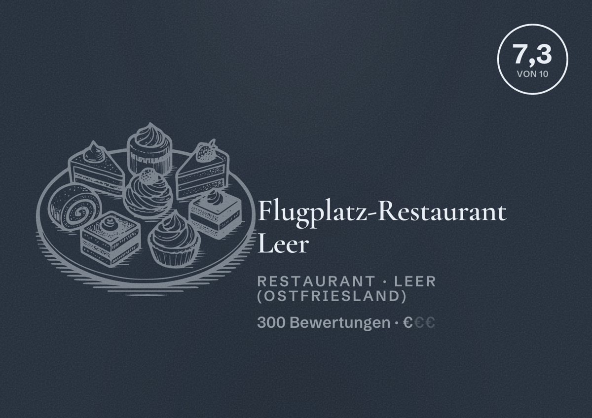 Illustriertes Poster von Flugplatz-Restaurant Leer, Restaurant in Leer (Ostfriesland): Bewertung 7,3 von 10 aus 300 Bewertungen, Preisniveau €