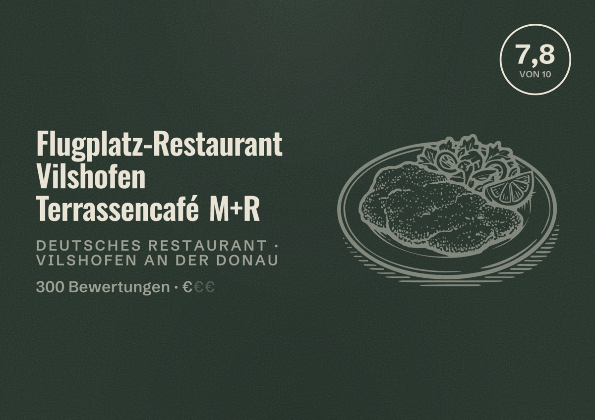 Illustriertes Poster von Flugplatz-Restaurant Vilshofen Terrassencafé M+R, Deutsches Restaurant in Vilshofen an der Donau: Bewertung 7,8 von 10 aus 300 Bewertungen, Preisniveau €