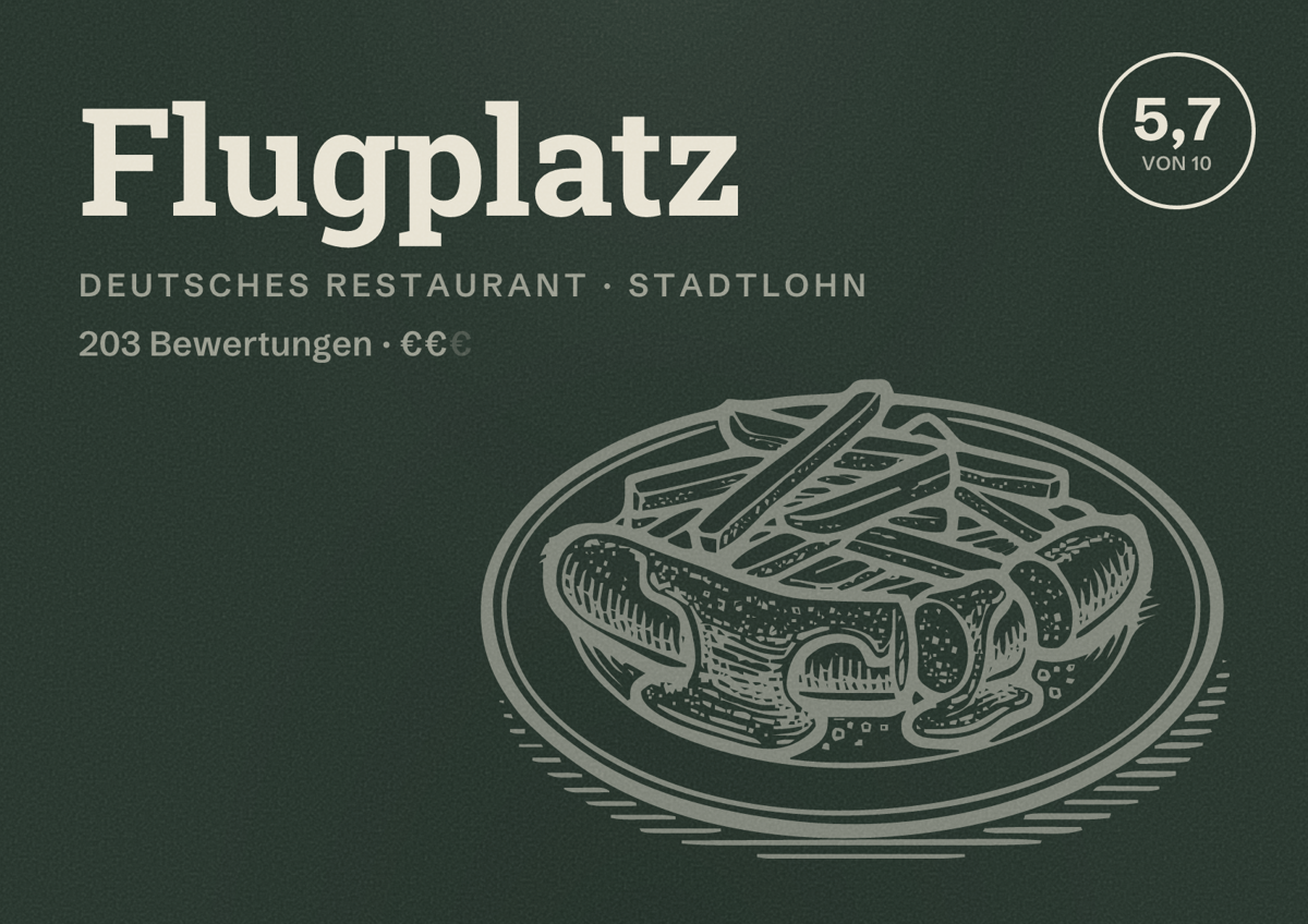 Illustriertes Poster von Flugplatz, Deutsches Restaurant in Stadtlohn: Bewertung 5,7 von 10 aus 203 Bewertungen, Preisniveau €€