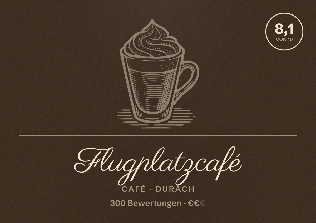 Illustriertes Poster von Flugplatzcafé, Café in Durach: Bewertung 8,1 von 10 aus 300 Bewertungen, Preisniveau €€