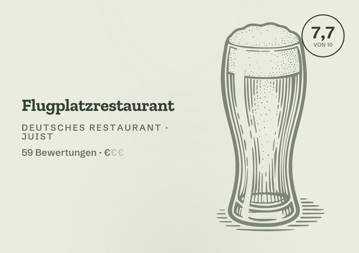 Illustriertes Poster von Flugplatzrestaurant, Deutsches Restaurant in Juist: Bewertung 7,7 von 10 aus 59 Bewertungen, Preisniveau €