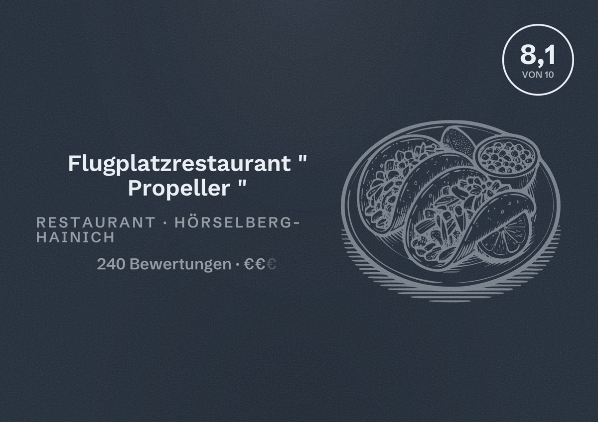 Illustriertes Poster von Flugplatzrestaurant " Propeller ", Restaurant in Hörselberg-Hainich: Bewertung 8,1 von 10 aus 240 Bewertungen, Preisniveau €€