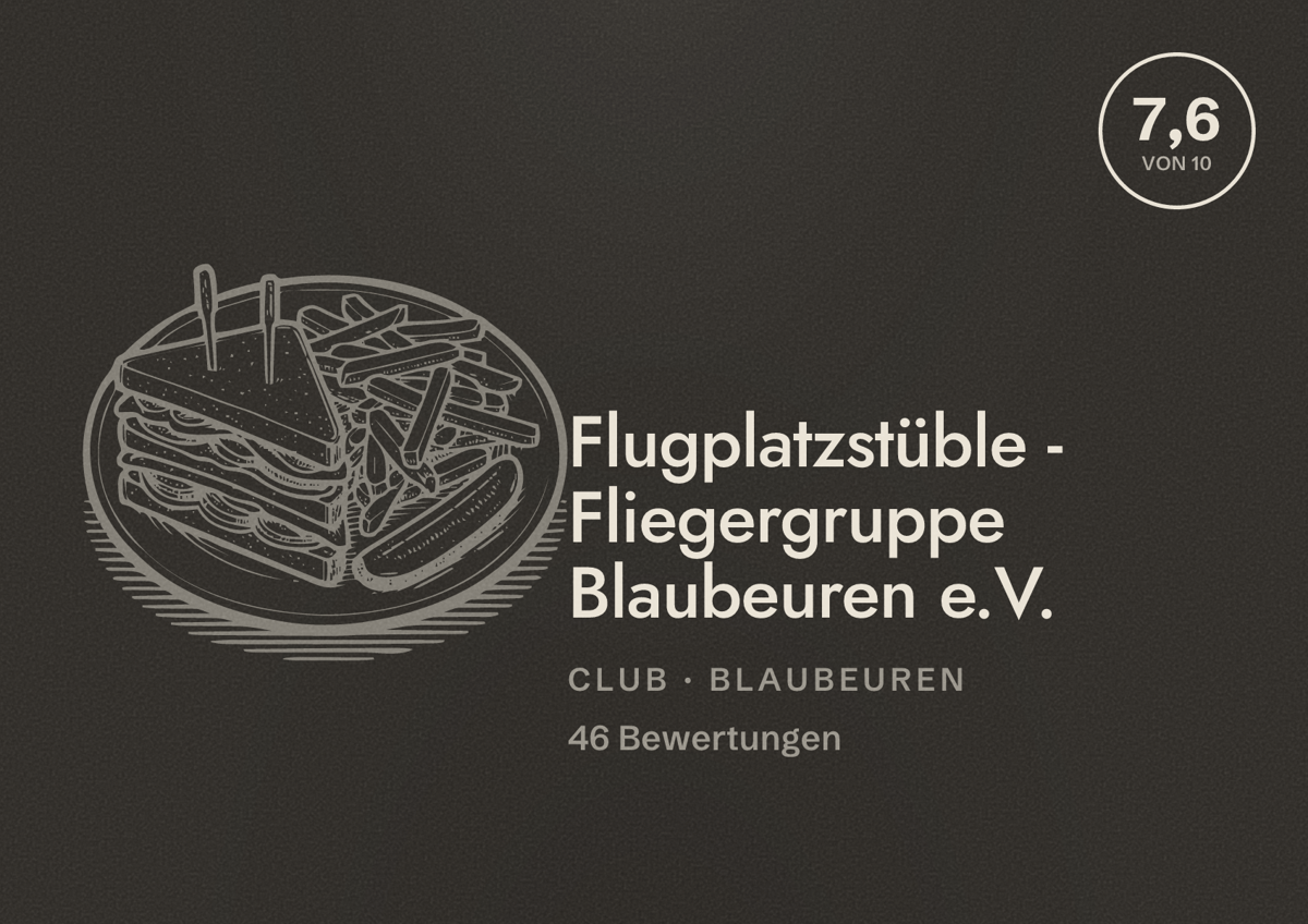 Illustriertes Poster von Flugplatzstüble - Fliegergruppe Blaubeuren e.V., Club in Blaubeuren: Bewertung 7,6 von 10 aus 46 Bewertungen