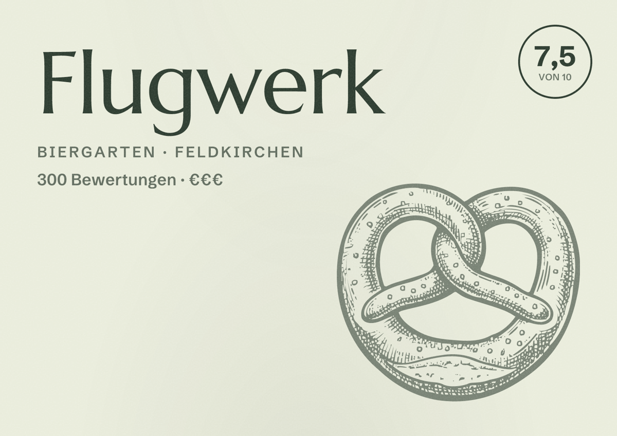 Illustriertes Poster von Flugwerk, Biergarten in Feldkirchen: Bewertung 7,5 von 10 aus 300 Bewertungen, Preisniveau €€€