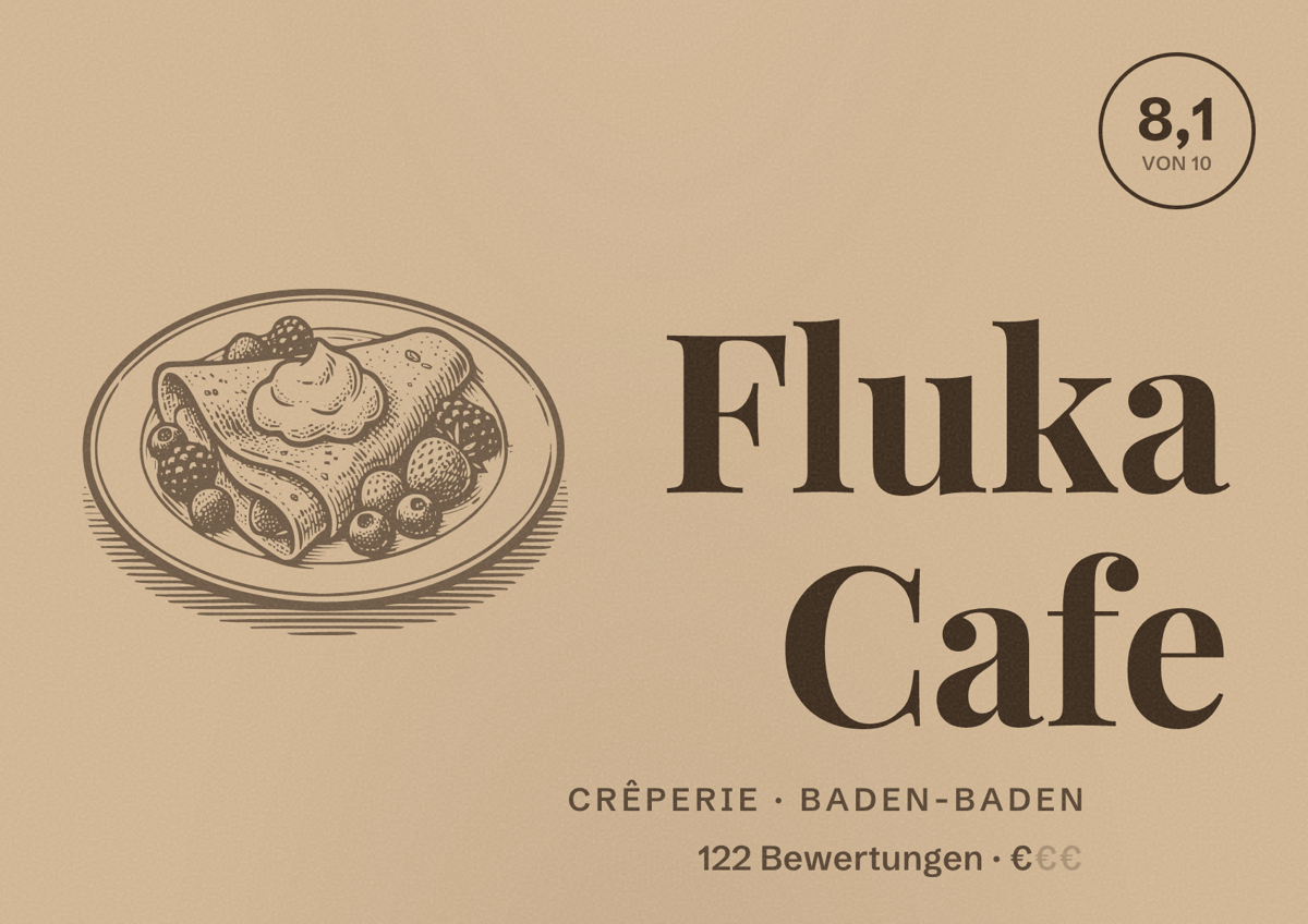 Illustriertes Poster von Fluka Cafe, Crêperie in Baden-Baden: Bewertung 8,1 von 10 aus 122 Bewertungen, Preisniveau €