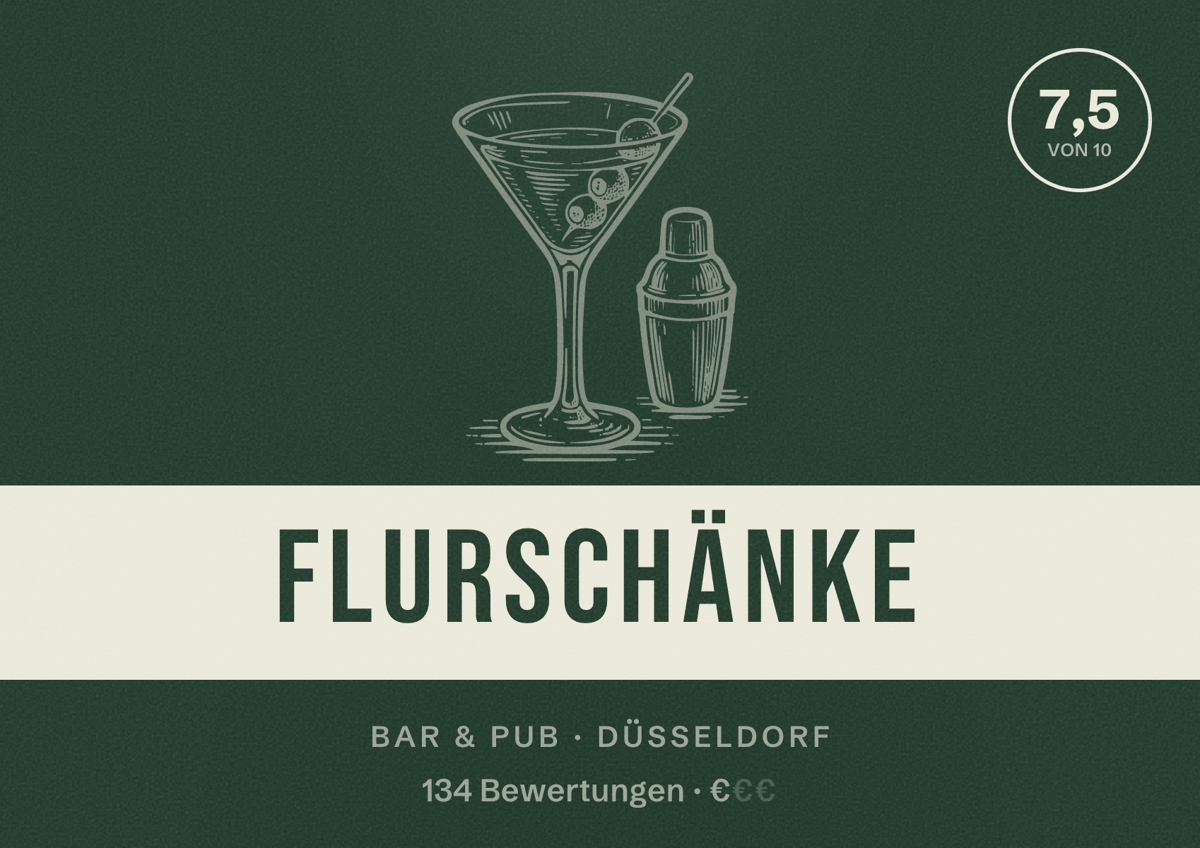 Illustriertes Poster von Flurschänke, Bar & Pub in Düsseldorf: Bewertung 7,5 von 10 aus 134 Bewertungen, Preisniveau €