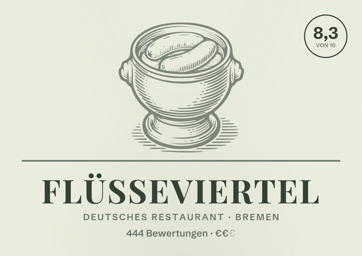 Illustriertes Poster von Flüsseviertel, Deutsches Restaurant in Bremen: Bewertung 8,3 von 10 aus 444 Bewertungen, Preisniveau €€