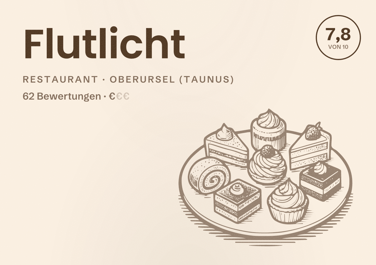 Illustriertes Poster von Flutlicht, Restaurant in Oberursel (Taunus): Bewertung 7,8 von 10 aus 62 Bewertungen, Preisniveau €