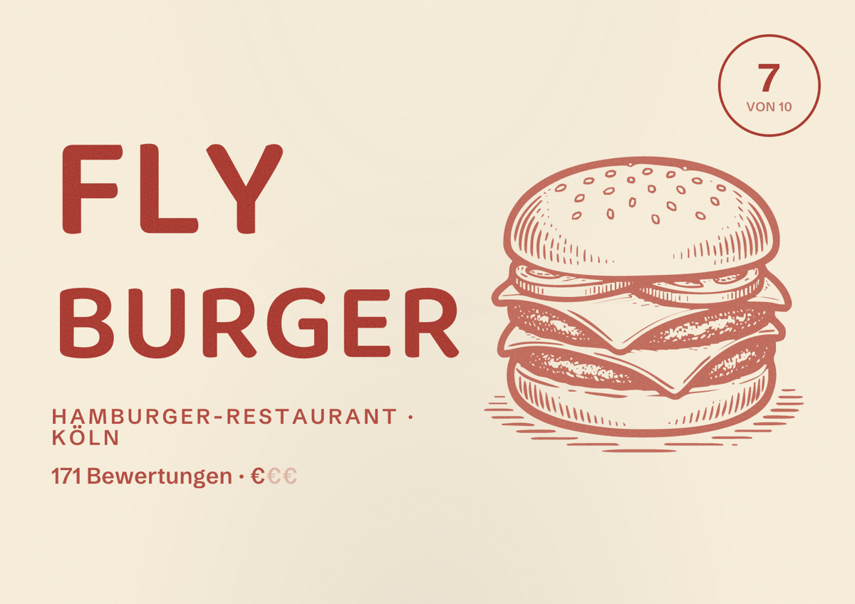 Illustriertes Poster von Fly burger, Hamburger-Restaurant in Köln: Bewertung 7,0 von 10 aus 171 Bewertungen, Preisniveau €