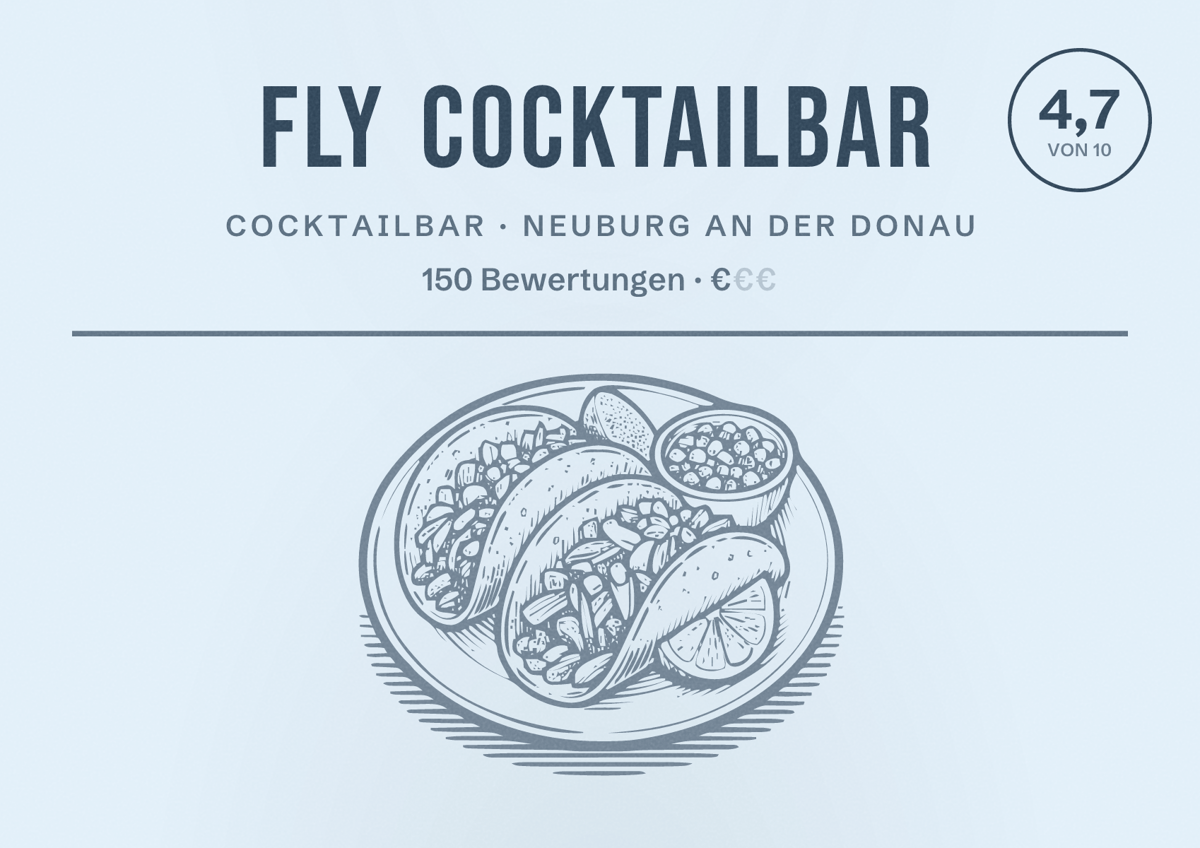 Illustriertes Poster von Fly Cocktailbar, Cocktailbar in Neuburg an der Donau: Bewertung 4,7 von 10 aus 150 Bewertungen, Preisniveau €