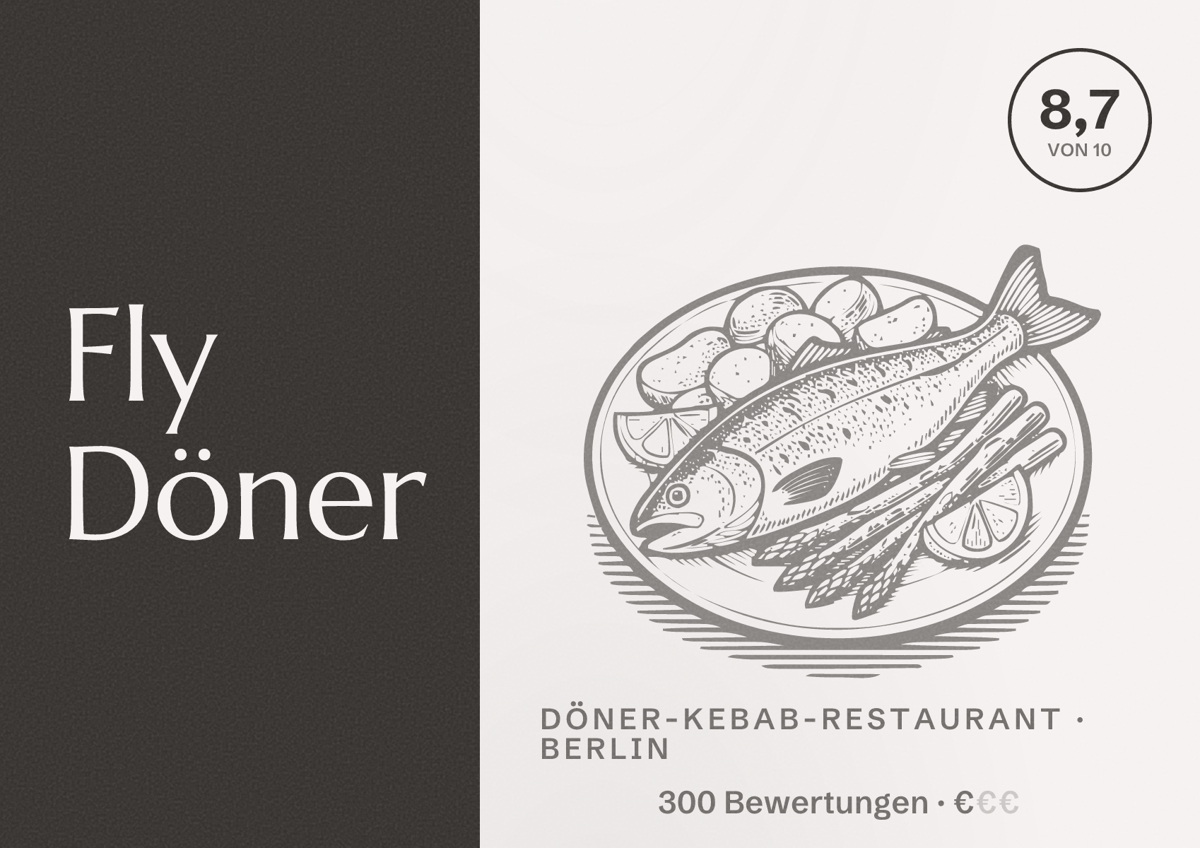 Illustriertes Poster von Fly Döner, Döner-Kebab-Restaurant in Berlin: Bewertung 8,7 von 10 aus 300 Bewertungen, Preisniveau €