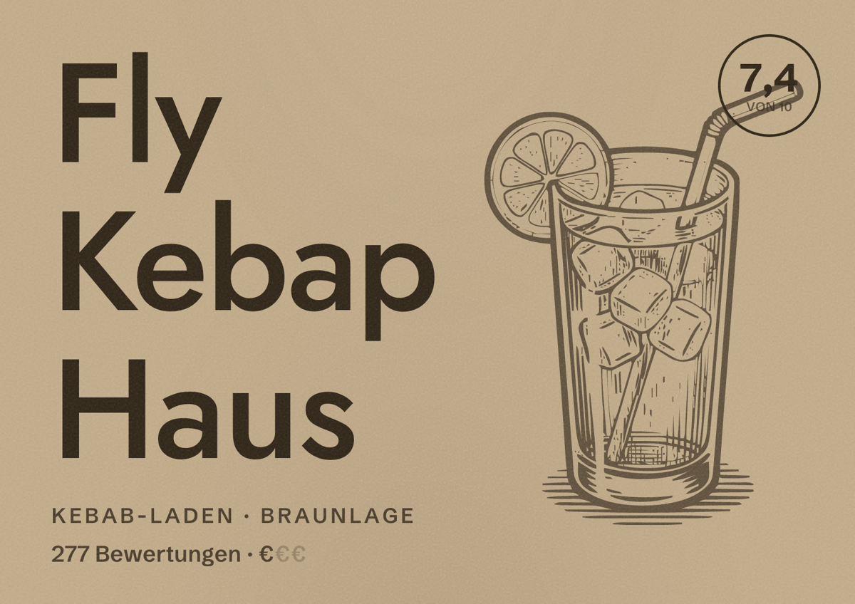 Illustriertes Poster von Fly Kebap Haus, Kebab-Laden in Braunlage: Bewertung 7,4 von 10 aus 277 Bewertungen, Preisniveau €