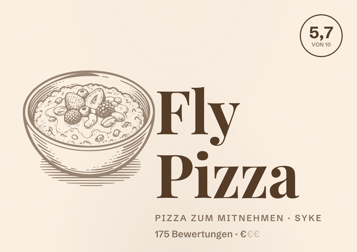 Illustriertes Poster von Fly Pizza, Pizza zum Mitnehmen in Syke: Bewertung 5,7 von 10 aus 175 Bewertungen, Preisniveau €
