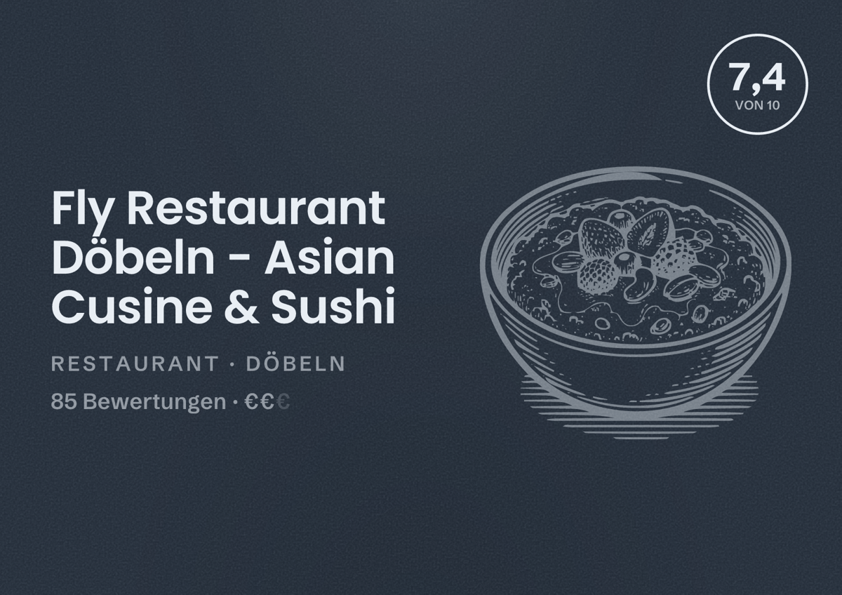 Illustriertes Poster von Fly Restaurant Döbeln - Asian Cusine & Sushi, Restaurant in Döbeln: Bewertung 7,4 von 10 aus 85 Bewertungen, Preisniveau €€