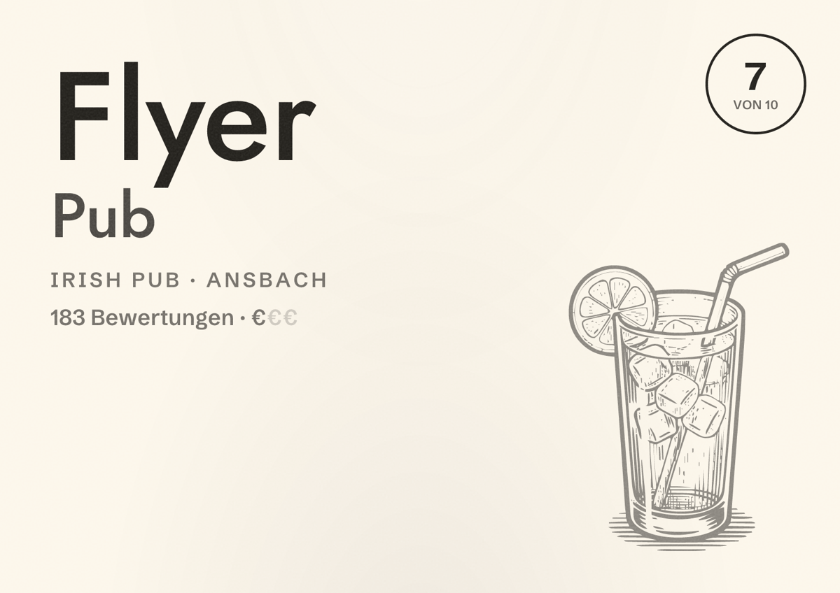 Illustriertes Poster von Flyer Pub, Irish Pub in Ansbach: Bewertung 7 von 10 aus 183 Bewertungen, Preisniveau €