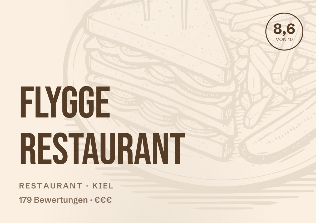 Illustriertes Poster von Flygge Restaurant, Restaurant in Kiel: Bewertung 8,6 von 10 aus 179 Bewertungen, Preisniveau €€€