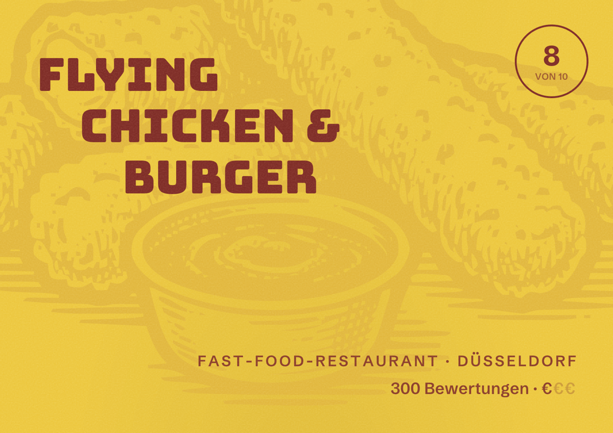 Illustriertes Poster von Flying Chicken & Burger, Fast-Food-Restaurant in Düsseldorf: Bewertung 8,0 von 10 aus 300 Bewertungen, Preisniveau €