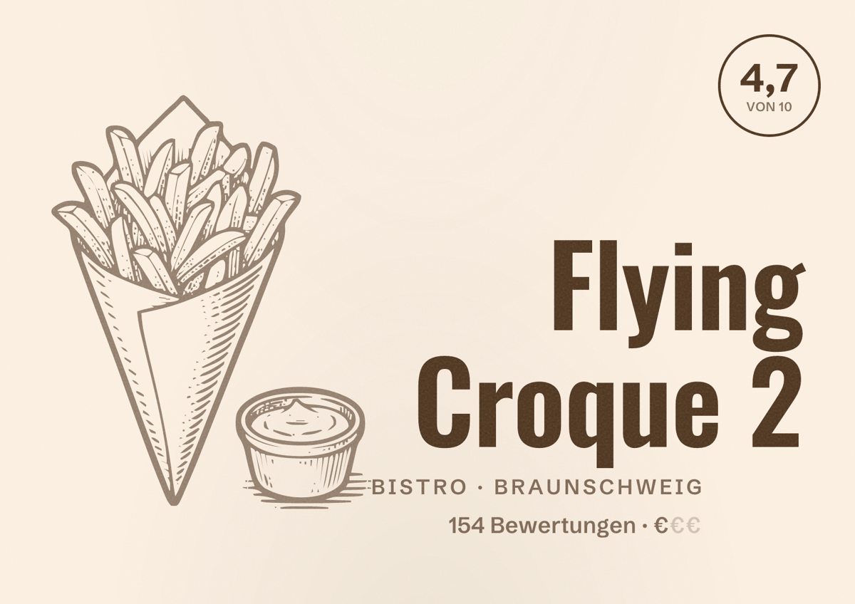 Illustriertes Poster von Flying Croque 2, Bistro in Braunschweig: Bewertung 4,7 von 10 aus 154 Bewertungen, Preisniveau €